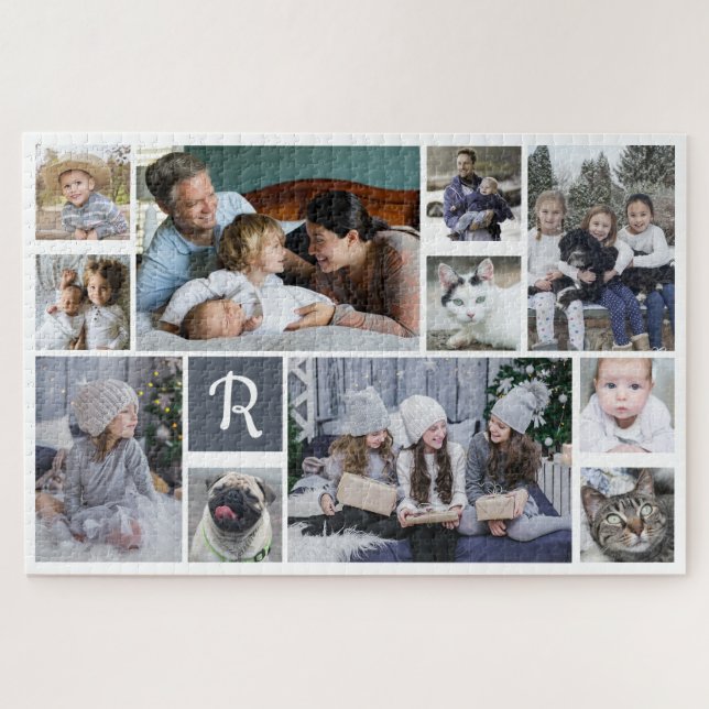Family Photo Collage Monogrammed White 11 Pictures Jigsaw Puzzle (Horizontal)