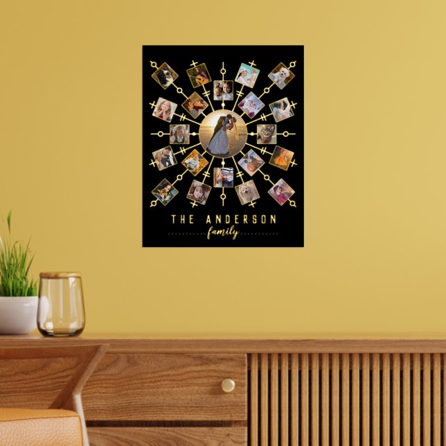 Family Photo Collage + Name 21 Pictures Black Gold Foil Prints (In Situ (Living Room))