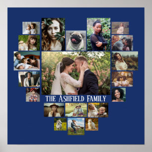 Family Photo Collage Name In Heart 20 Pics Blue Poster