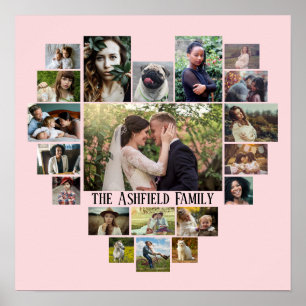 Family Photo Collage Name In Heart 20 Pics Pink Poster