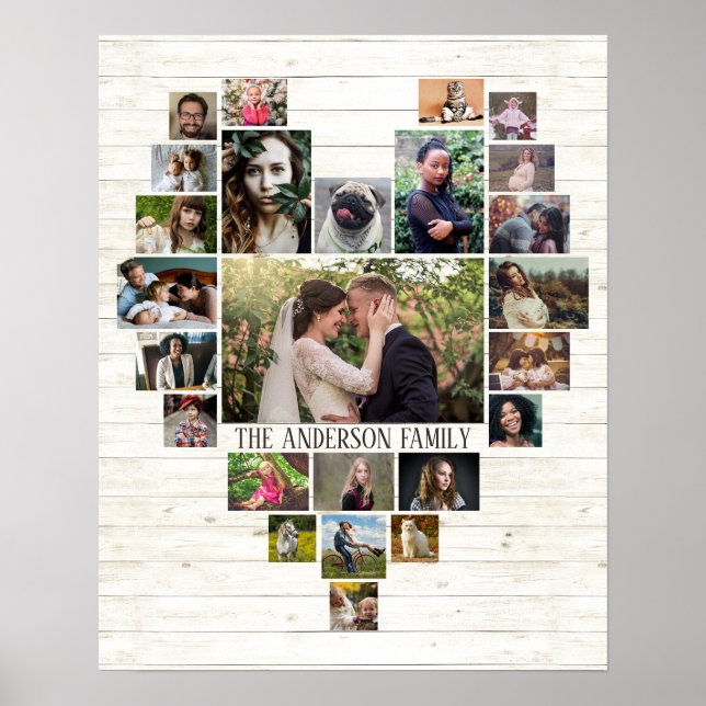 Family Photo Collage Name In Heart 25 Pics Wood Po Poster (Front)