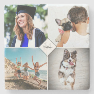 Family Photo Collage Name Monogram Stone Coaster