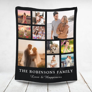Family Photo Collage + Name White Fleece Blanket