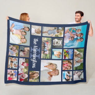 Family Photo Collage Navy Blue Monogram Name Fleece Blanket