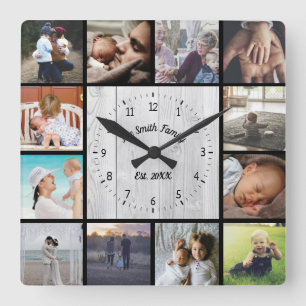 Family photo collage personalise light wood square wall clock