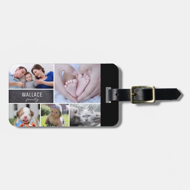 Family Photo Collage Personalised Chalkboard Luggage Tag (Front Horizontal)
