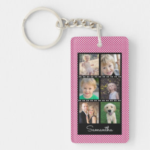Family Photo Collage Pink, White Dots Personalised Key Ring