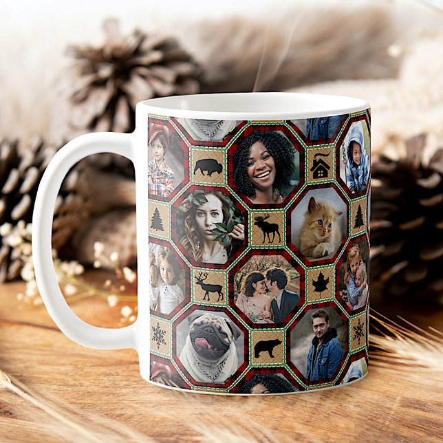 Family Photo Collage Red Black Buffalo Plaid Quilt Coffee Mug (Creator Uploaded)