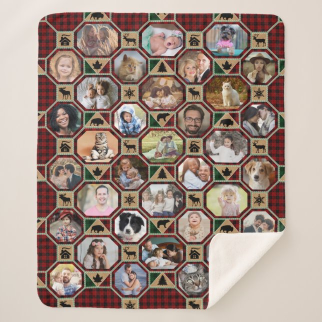 Family Photo Collage Red Black Buffalo Plaid Quilt Sherpa Blanket (Front)