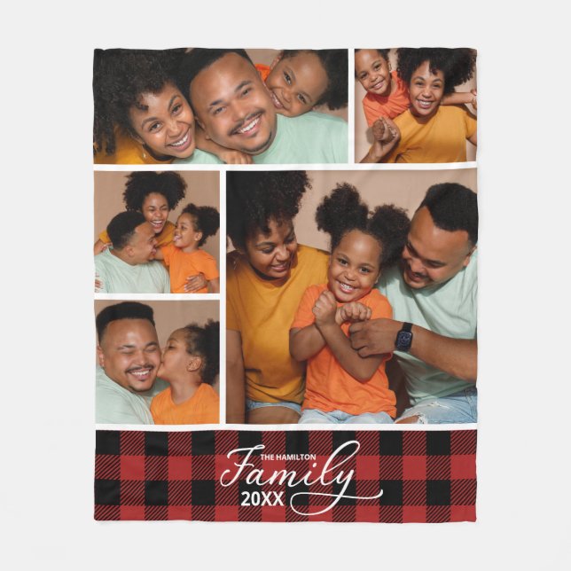Family Photo Collage Red Buffalo Plaid  Fleece Blanket (Front)