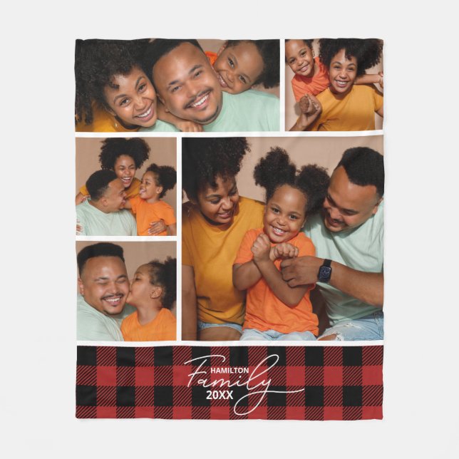 Family Photo Collage Red Buffalo Plaid  Fleece Blanket (Front)