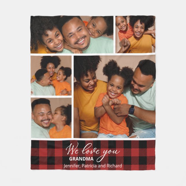 Family Photo Collage Red Buffalo Plaid  Fleece Blanket (Front)