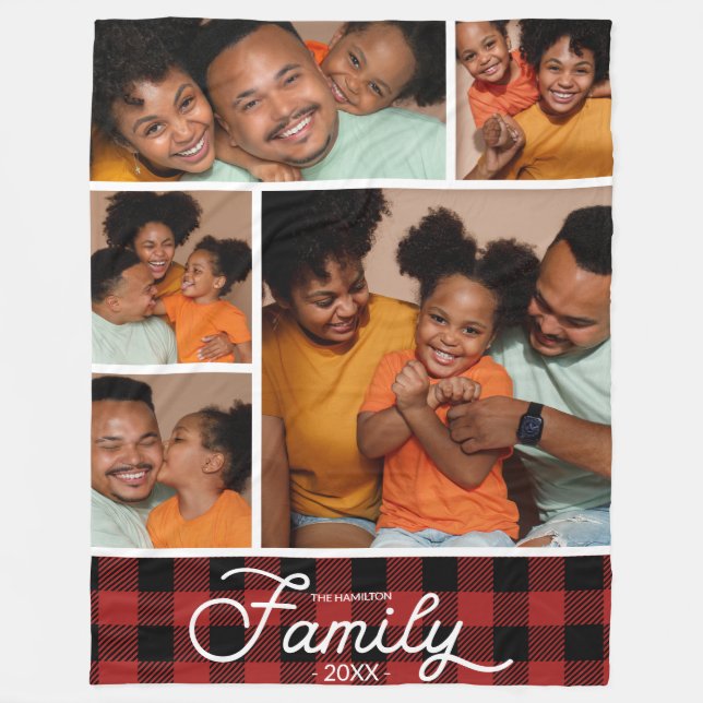 Family Photo Collage Red Buffalo Plaid  Fleece Blanket (Front)