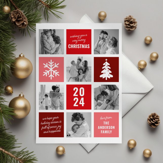 Family Photo Collage Red Christmas Holiday Cards (Creator Uploaded)