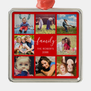 Family Photo Collage Red Custom Ceramic Ornament