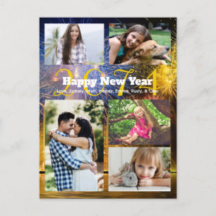 Family Photo Collage Red Gold New Years Greeting Holiday Postcard