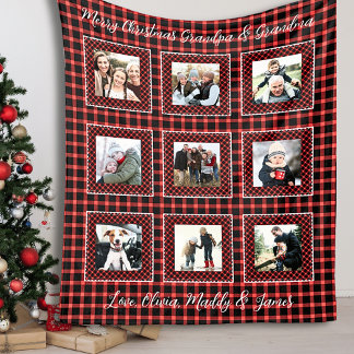 Family Photo Collage Red Plaid Christmas  Fleece Blanket