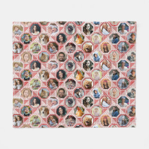Family Photo Collage Red Quilt Look 28 Custom Pics Fleece Blanket