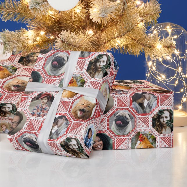 Family Photo Collage Red Quilt Look 28 Custom Pics Wrapping Paper (Holidays)