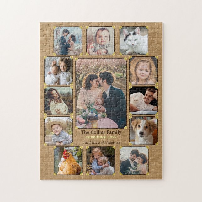 Family Photo Collage Rustic Burlap 13 Custom Pics Jigsaw Puzzle (Vertical)
