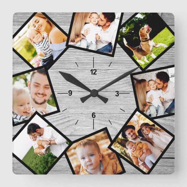 Family Photo Collage Rustic Chic Farmhouse Grey Square Wall Clock (Front)