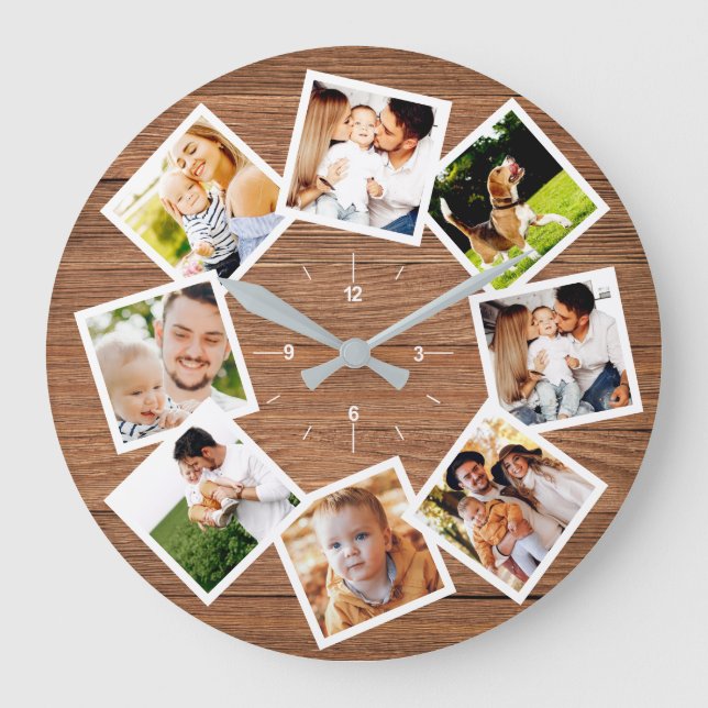 Family Photo Collage Rustic Chic Farmhouse Large Clock (Front)