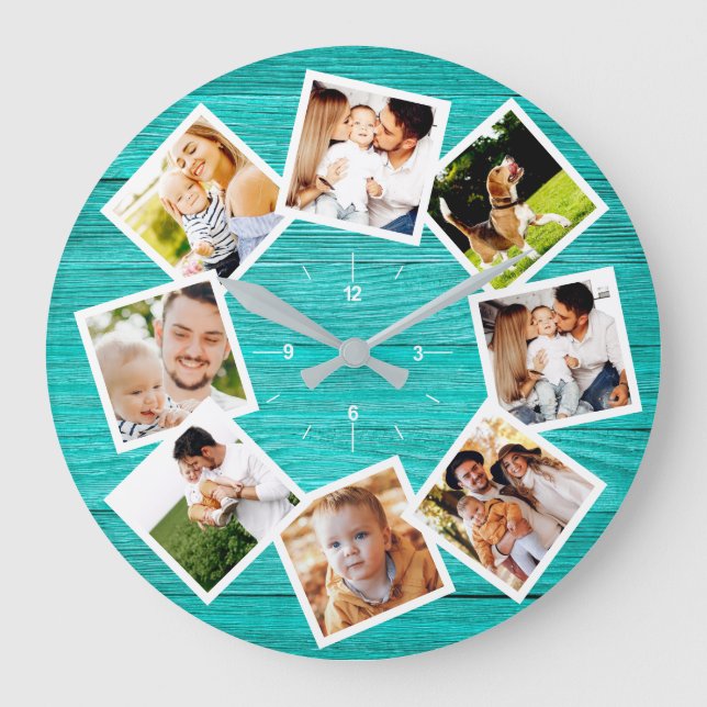 Family Photo Collage Rustic Chic Farmhouse Teal Large Clock (Front)