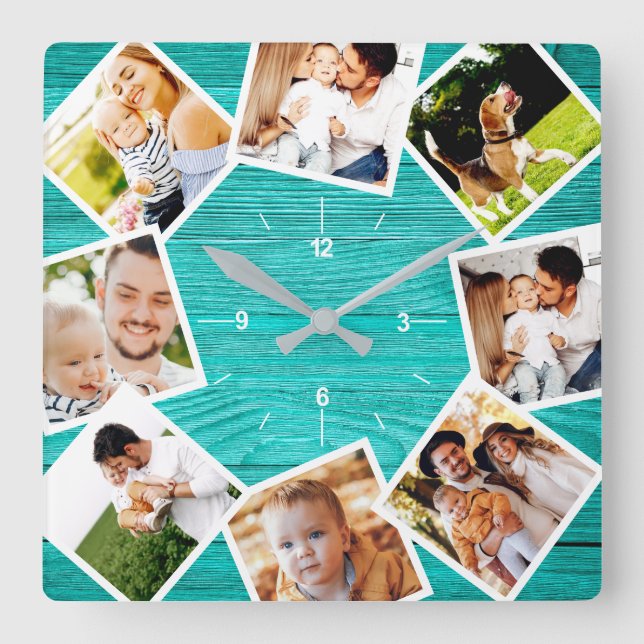 Family Photo Collage Rustic Chic Farmhouse Teal Square Wall Clock (Front)