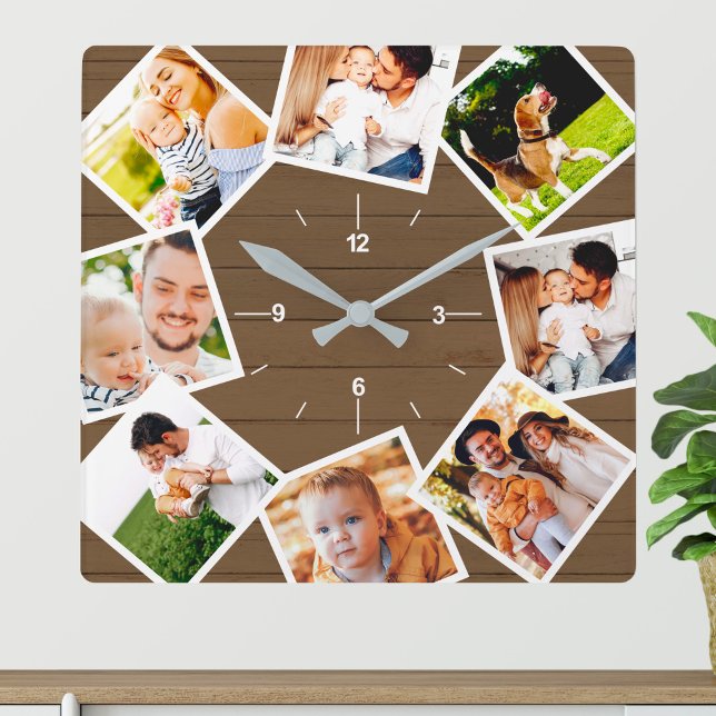 Family Photo Collage Rustic Farmhouse Brown Square Wall Clock (Creator Uploaded)