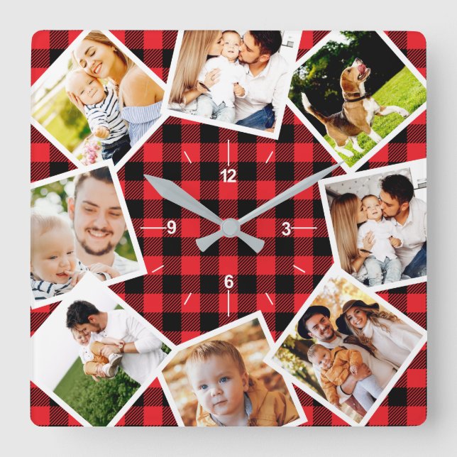 Family Photo Collage Rustic Farmhouse Buffalo Square Wall Clock (Front)