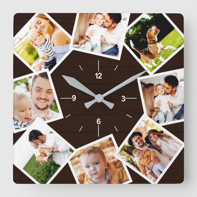 Family Photo Collage Rustic Farmhouse Dark Brown Square Wall Clock (Front)