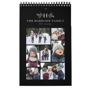 Family photo collage rustic monogram black & cream calendar