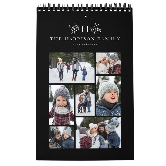 Family photo collage rustic monogram black & cream calendar (Cover)