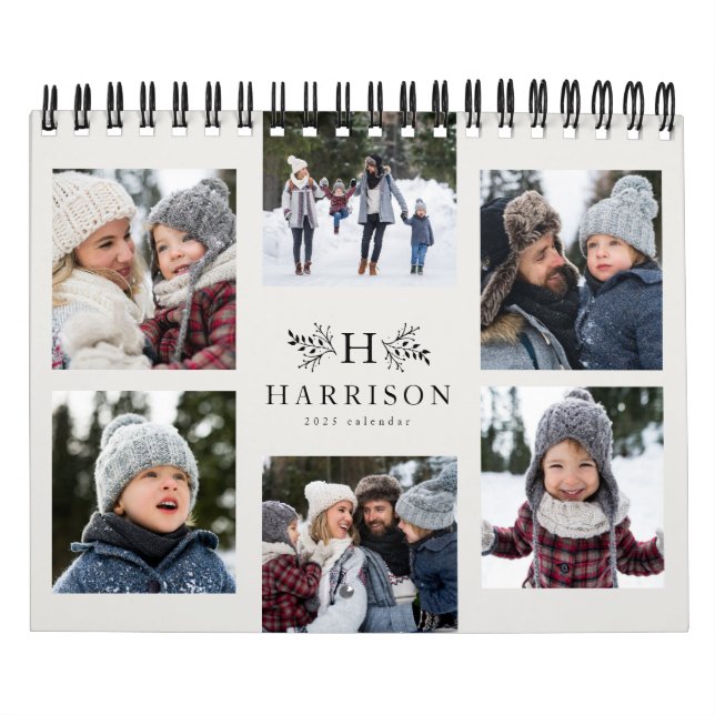 Family photo collage rustic monogram black & cream calendar (Cover)