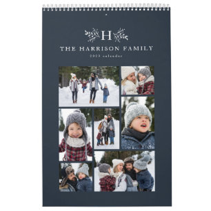 Family photo collage rustic monogram navy blue calendar