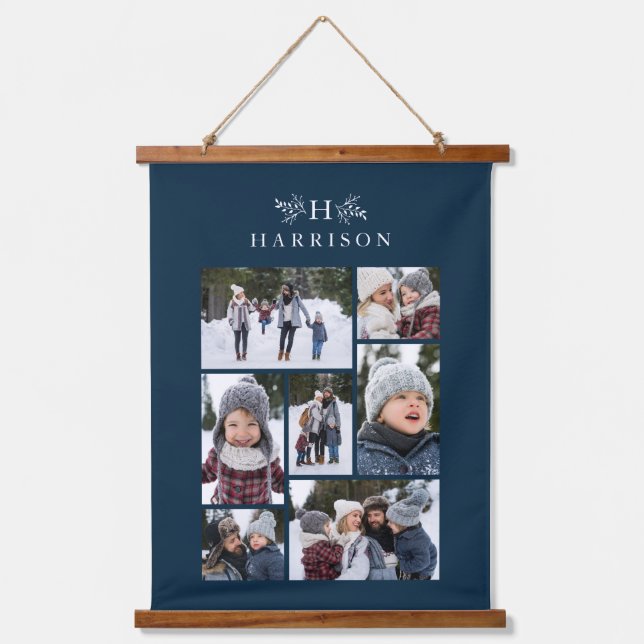 Family photo collage rustic monogram navy blue hanging tapestry (Front)