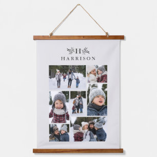 Family photo collage rustic monogram neutral hanging tapestry