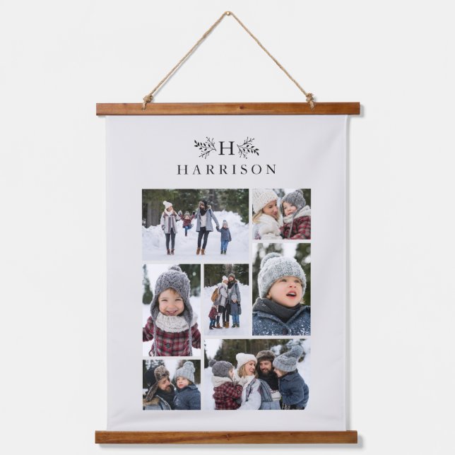 Family photo collage rustic monogram neutral hanging tapestry (Front)