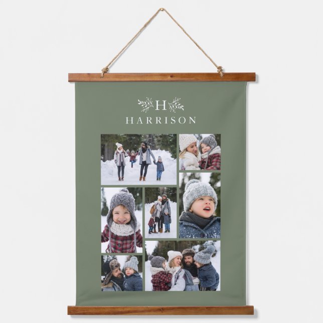 Family photo collage rustic monogram sage green hanging tapestry (Front)