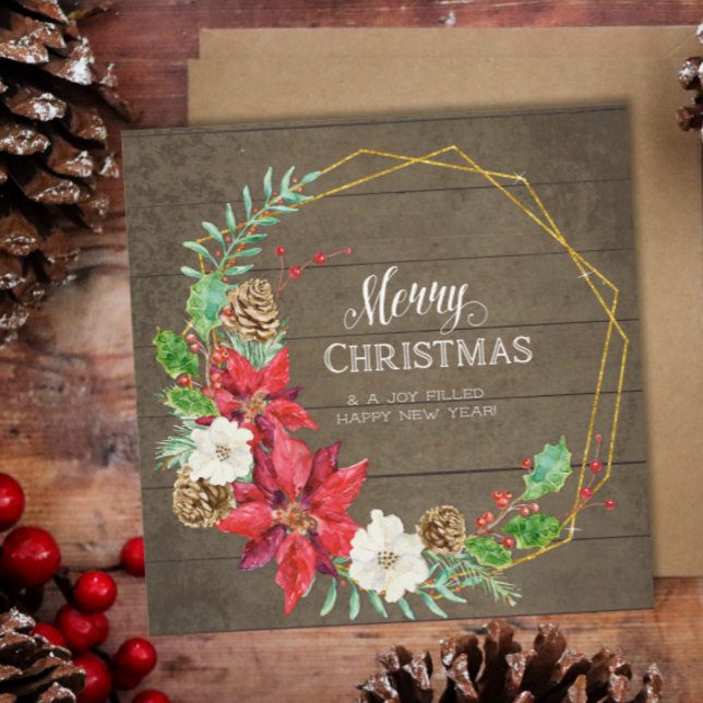 Family Photo Collage Rustic Wood n Gold Floral Holiday Card (Creator Uploaded)