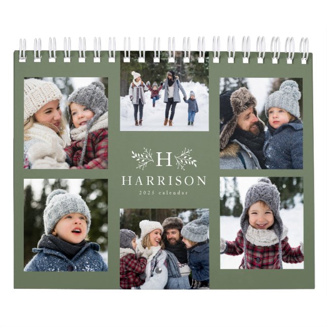 Family photo collage sage green monogram calendar (Cover)