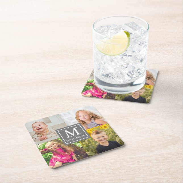 Family Photo Collage Square Paper Coaster (Insitu)