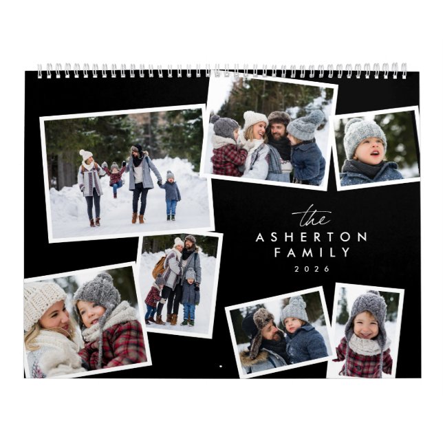 Family photo collage stylish modern black white calendar (Cover)