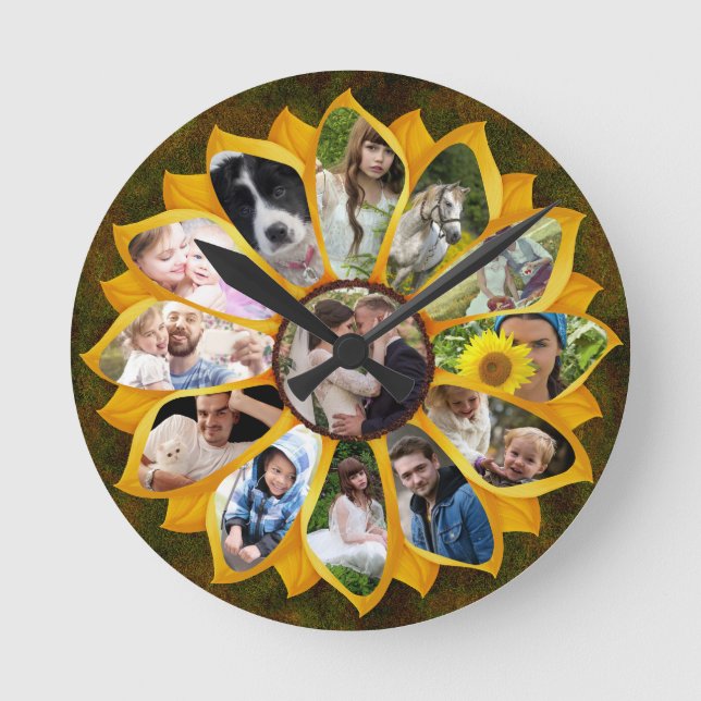 Family Photo Collage Sunflower 13 Pictures Easy Round Clock (Front)