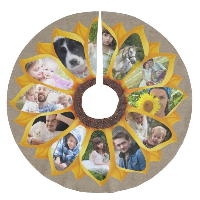 Family Photo Collage Sunflower Burlap 13 Pics Easy Brushed Polyester Tree Skirt (Front)