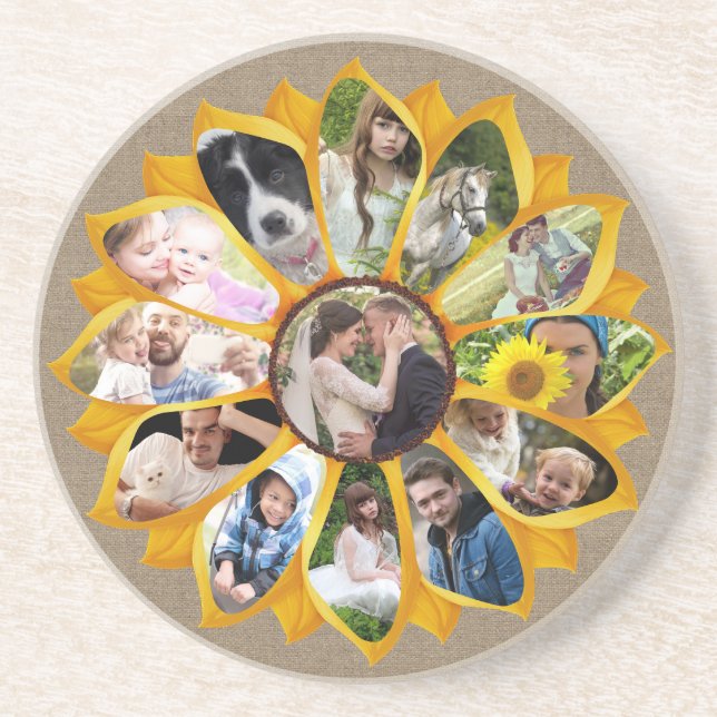 Family Photo Collage Sunflower Burlap 13 Pics Easy Coaster (Front)