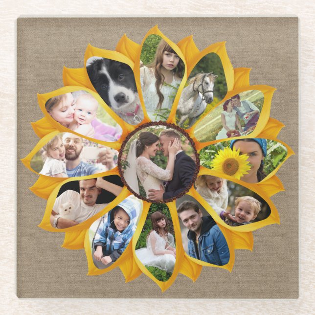 Family Photo Collage Sunflower Burlap 13 Pics Easy Glass Coaster (Front)