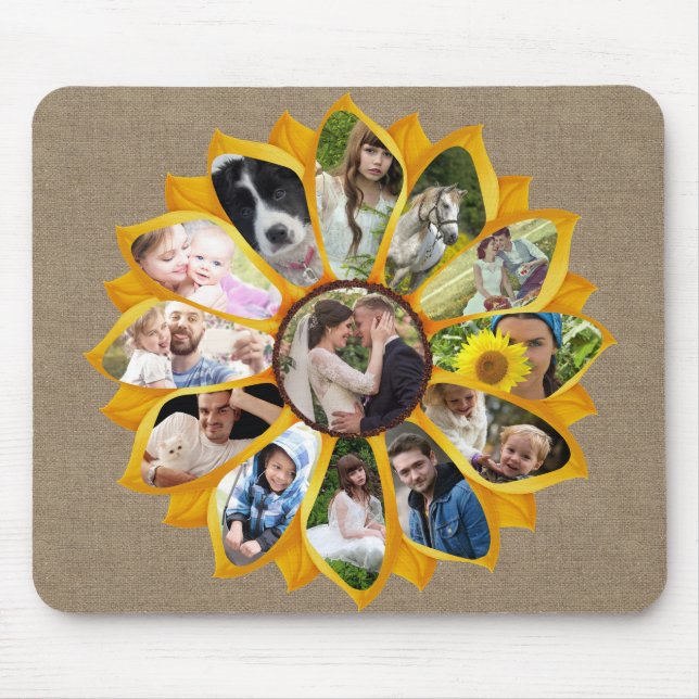 Family Photo Collage Sunflower Burlap 13 Pics Easy Mouse Mat (Front)