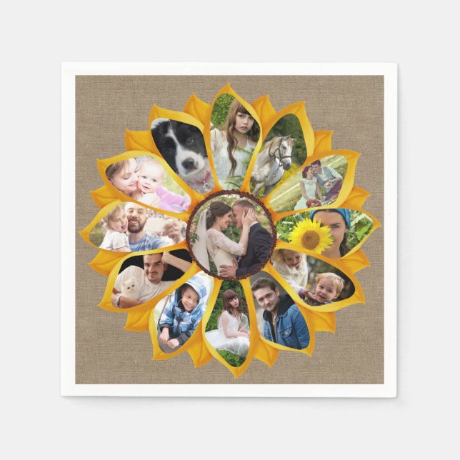 Family Photo Collage Sunflower Burlap 13 Pics Easy Napkin (Front)
