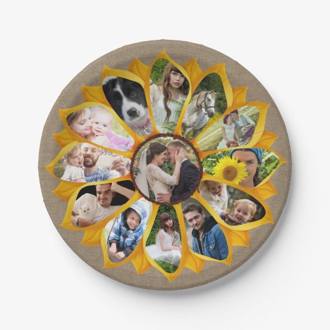 Family Photo Collage Sunflower Burlap 13 Pics Easy Paper Plate (Front)